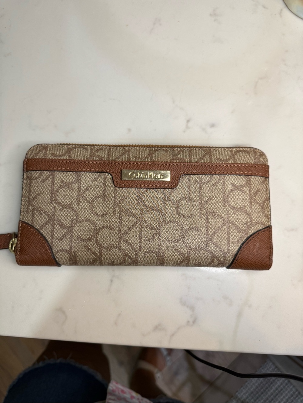 Calvin Klein Tan/Beige Monogram Zip Wallet